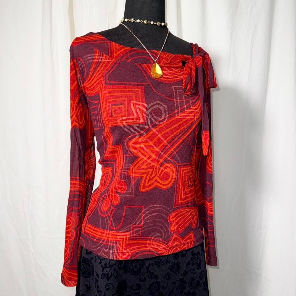 i.e. Petite Sheer Mesh Y2K Printed Tie Neck Top